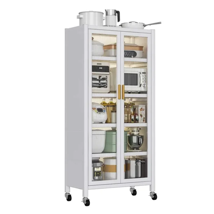 White Metal Kitchen Pantry Organizer with Open Door Household Microwave Storage Cabinet Bowls Side Cabinets