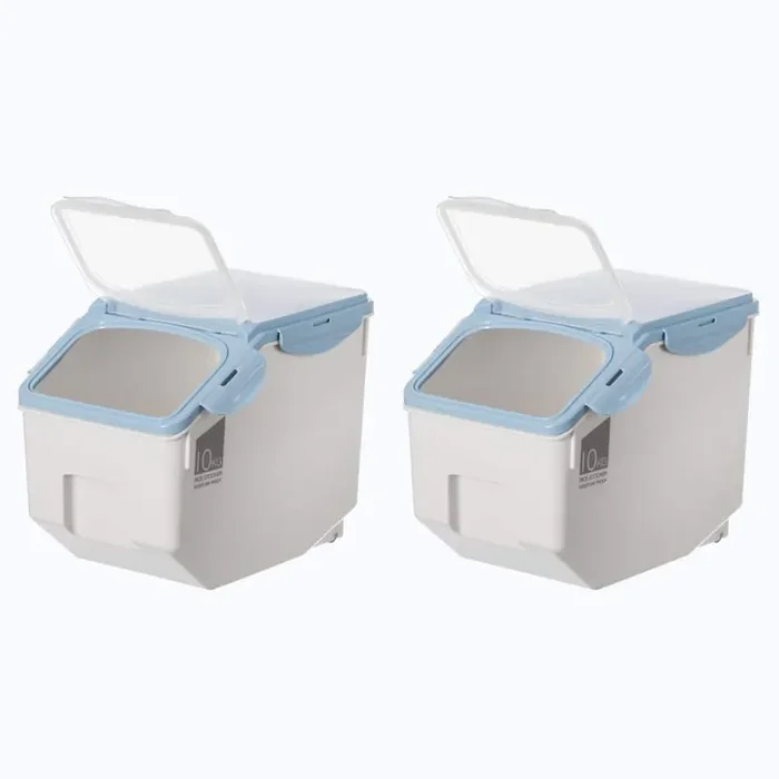 White Plastic Storage Food Holder Containers with a Measuring Cup and Wheels, Medium (Set of 2)
