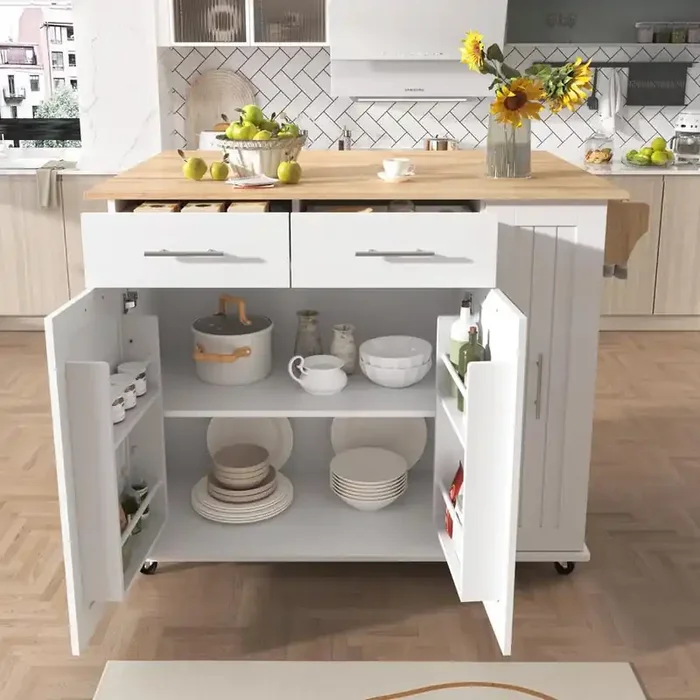 White Rubber Wood 46 in. W Kitchen Island Cart with 3 Tier Pull Out Cabinet Organizer and Internal Storage Rack