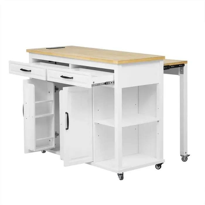 White Rubber Wood 47 in. Kitchen Island with Extendable Dining Table Power Outlet, Drawers 2 Cabinet