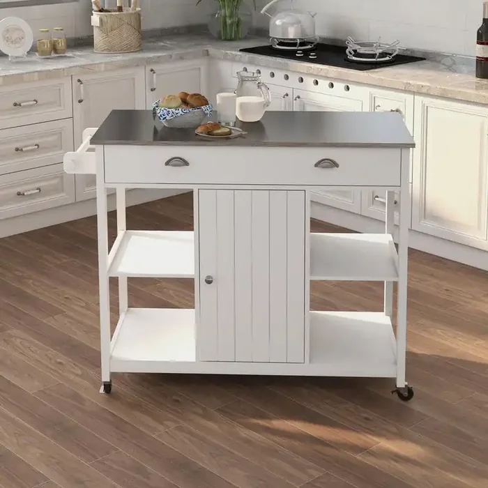 White Wood 39.3 in. Kitchen Island with Two Drawers Stainless Steel Table Top for Living Room Kitchen