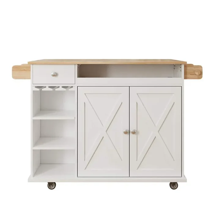 White Wood 44 in. Kitchen Island on 4 Wheels with Drop Leaf, Wine Glass Holder, Spice Rack and Towel Rack