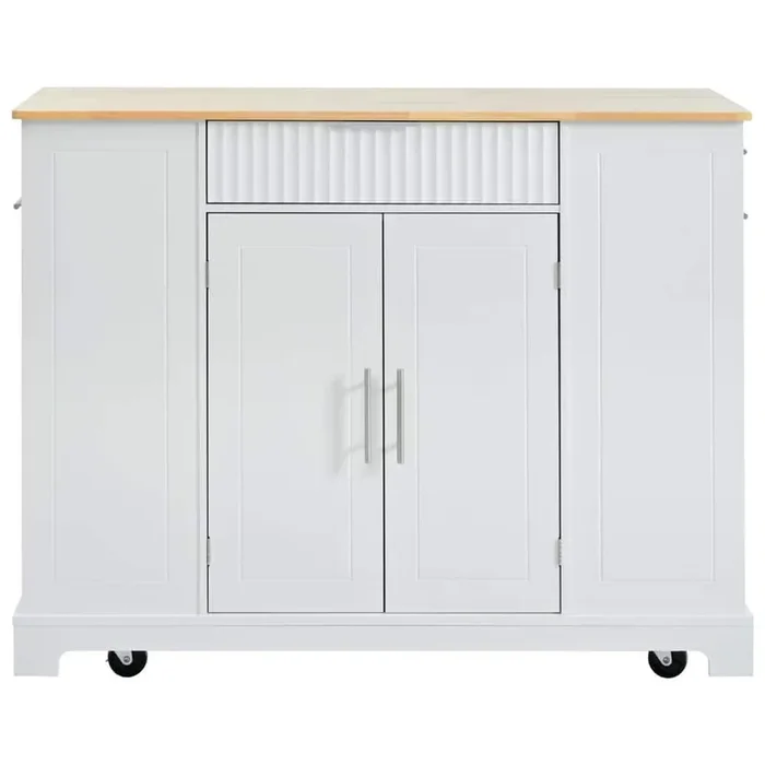 White Wood 47.2 in. Kitchen Island with Trash Can Storage Cabinet, Power Outlet, and Wheels