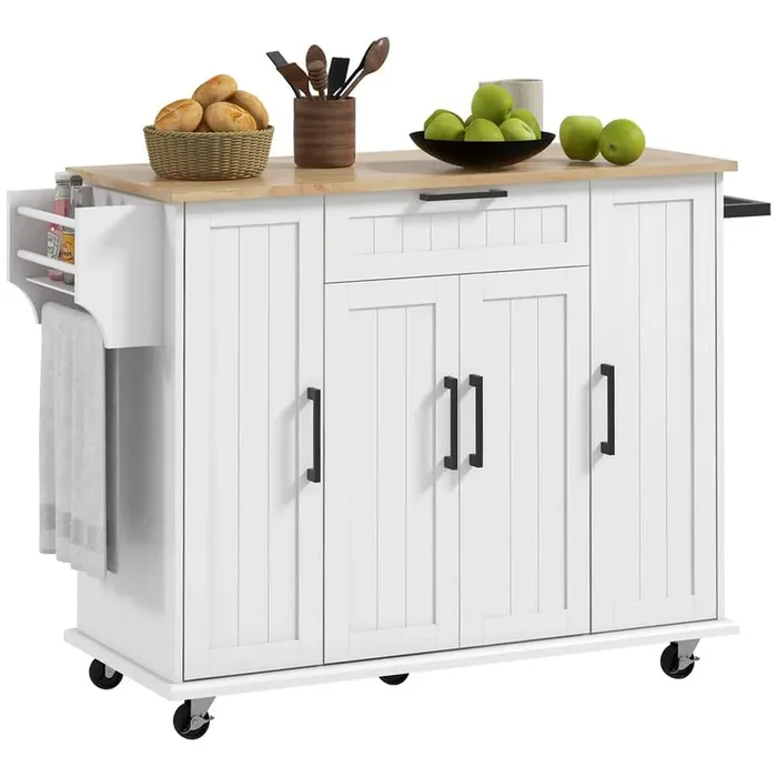 White Wood 52.00 in. Kitchen Island with Drawers Rubberwood Top, Drawer, Spice Rack, Towel Rack