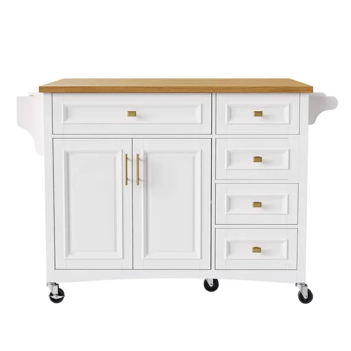 White Wood 52 in. W Large Kitchen Island with Drop Leaf, 2-Doors and 5-Drawers