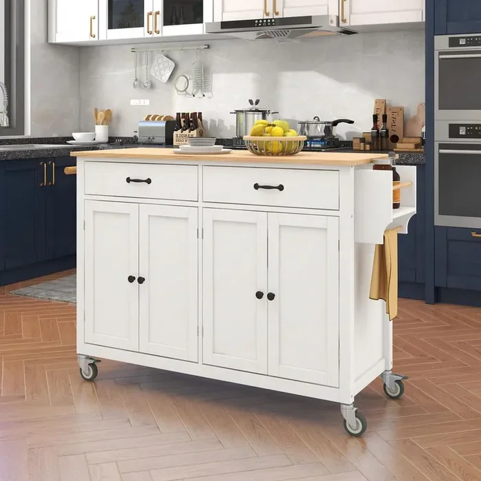 White Wood 54 in. Kitchen Island with Solid Wood Top, Locking Wheels, 4-Door Cabinet and 2-Drawers for Kitchen Room
