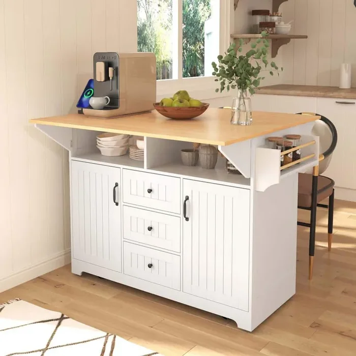 White Wood 55.7 in. Kitchen Island with 2 Drop Leaf, Kitchen Island Cart with Power Outlet, Folding Storage Dining Table