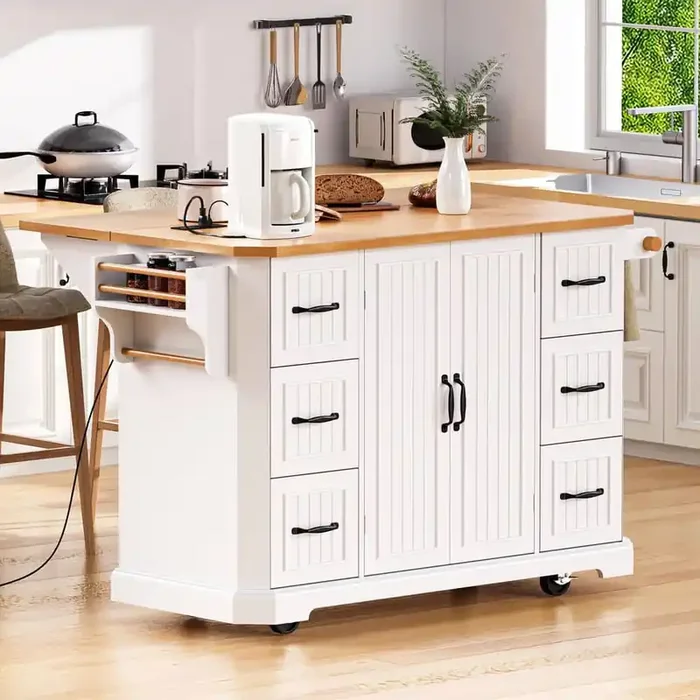 White Wood 56 in. Kitchen Island with Embossed Vertical Stripe, Drop Leaf, 2 Power Outlet and 6 Drawers for Kitchen Room