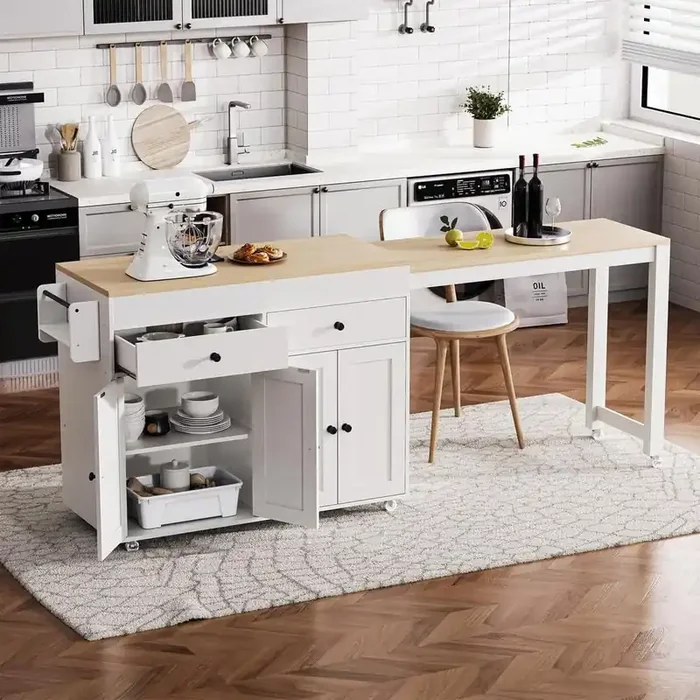 White Wood 74.5 in. W Large Rolling Kitchen Island with Extendable Dining Table, 4-Doors and 2-Drawers