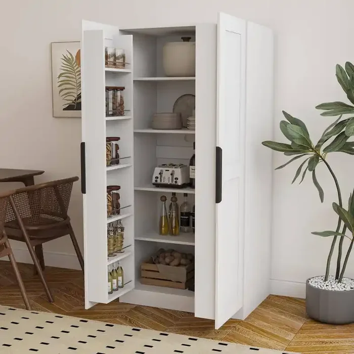 White Wood Pantry Organizer with Doors and Shelves Freestanding Kitchen Cupboard Buffet Cabinet Accent Storage Cabinet