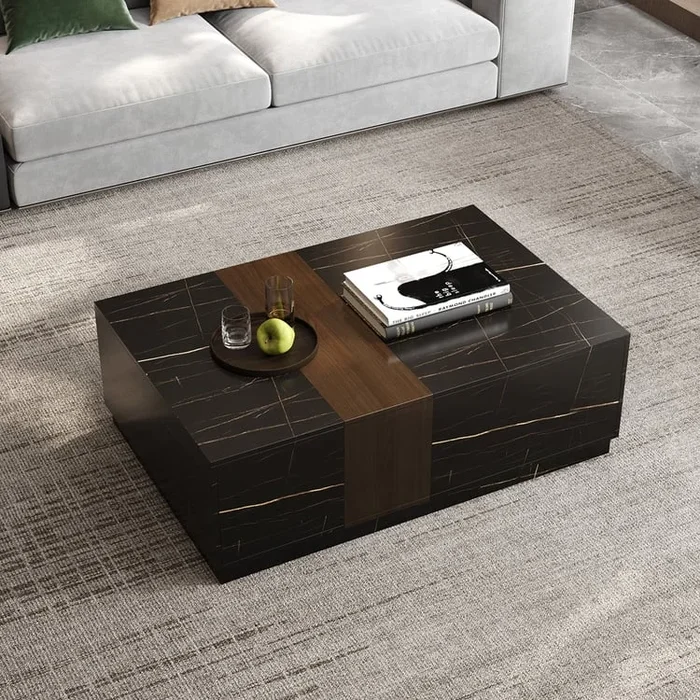 Wood Rectangle Coffee Table, Black Modern Block Table with Drawers for Living Room (47.2″)