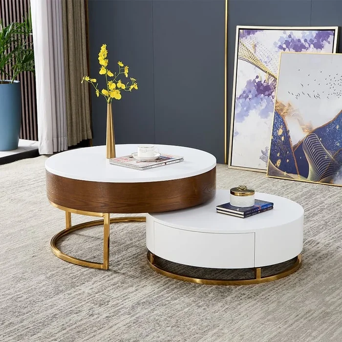 Wood Round Coffee Table, Modern Lift-Top White & Walnut Furniture(27.6″&31.5″)