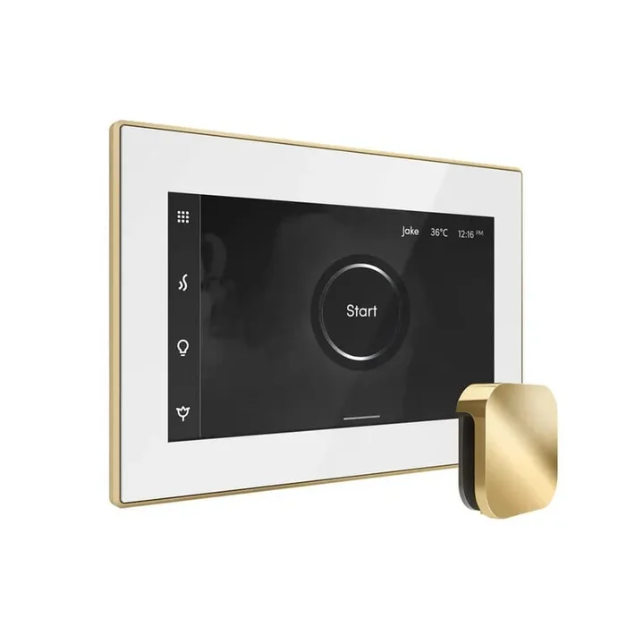 XDream Steam Shower Control Package with iSteamX Control and Linear Steamhead in White Polished Brass