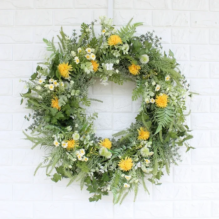 Yellow & White Dried-Look Wildflower, Green Astilbe Summer Fall Wreath