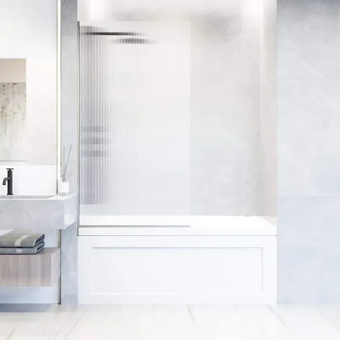 Zenith 34 in. W x 62 in. H Frameless Fixed Tub Screen Door in Stainless Steel with 3/8 in. (10mm) Fluted Glass