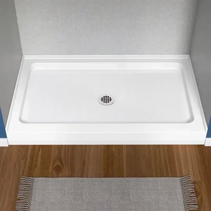 Zeno 48 in. L x 30 in. W Acrylic Alcove Single Threshold Non-Slip Shower Base Pan with Center Drain Cover in White