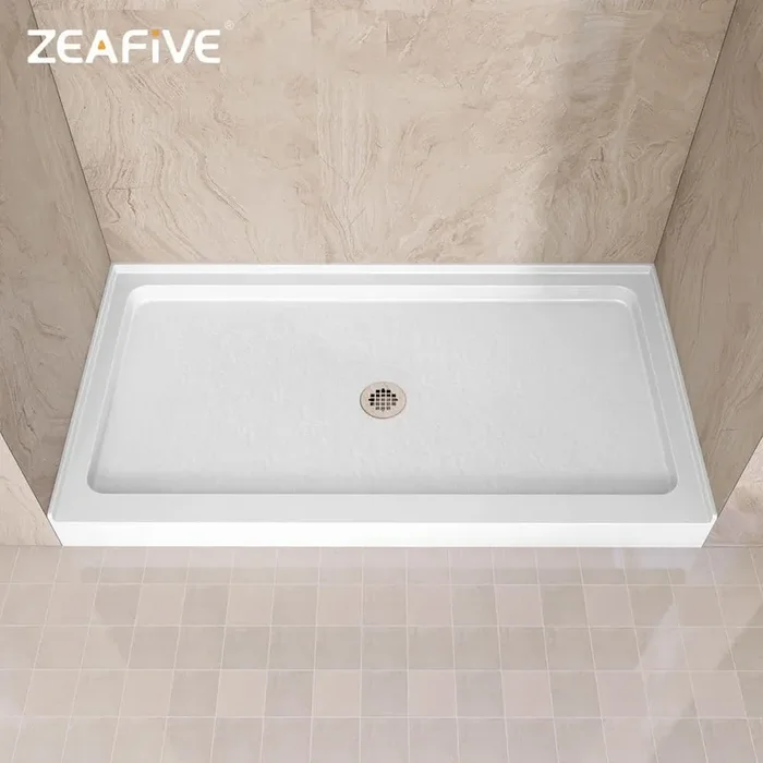 Zeno 60 in. L x 32 in. W Single Threshold Alcove Shower Pan Base with Center Drain in White Acrylic Non-Slip Shower Tray