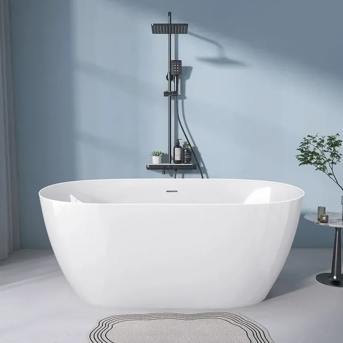Zey 47 in. x 27.5 in. Acrylic Freestanding Soaking Tub Flatbottom Modern Oval Bathtub with Center Drain in Glossy White