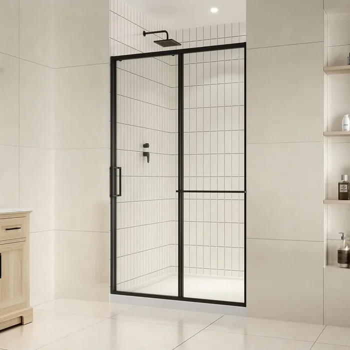 Zora 48 in. Max Width x 78 3/4 in. H Alcove Sliding Framed Shower Door in Black Finish with Integrated Towel Bar