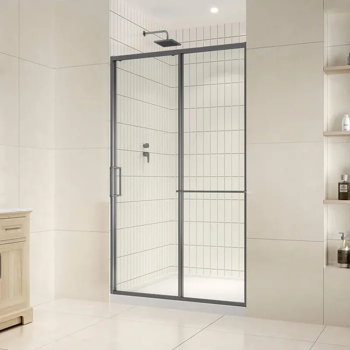 Zora 48 in. Max Width x 78 3/4 in. H Alcove Sliding Framed Shower Door in Gun Metal Finish with Integrated Towel Bar