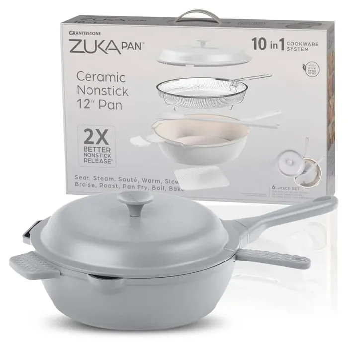 Zuka Everyday Pan 4.25 qt. Ceramic 10 in 1 Nonstick Multi-Functional Saute Pan with Lid, Nylon Spoon, & Steamer Basket